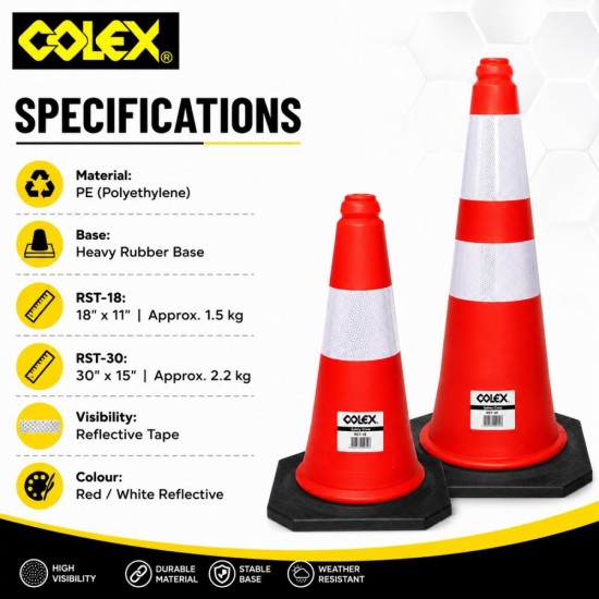 Colex RST-18 / RST-30 Rubber Base Safety Traffic Cone C/W Reflective Tape Colex RST-18 / RST-30 Rubber Base Safety Traffic Cone C/W Reflective Tape