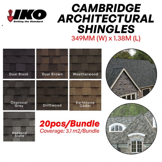 IKO 30 Cambridge Laminated Architectural Asphalt Shingles Roofing System 349MM (W) x 1038MM (L) - 20PCS/BUNDLE IKO 30 Cambridge Laminated Architectural Asphalt Shingles Roofing System 349MM (W) x 1038MM (L) - 20PCS/BUNDLE