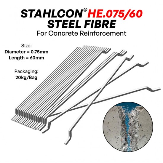 STAHLCON® HE 0.75/60 Steel Fibre Hooked-End For Concrete Reinforcement 0.75MM (D) x 60MM (L) - 20KG/BAG STAHLCON® HE 0.75/60 Steel Fibre Hooked-End For Concrete Reinforcement 0.75MM (D) x 60MM (L) - 20KG/BAG