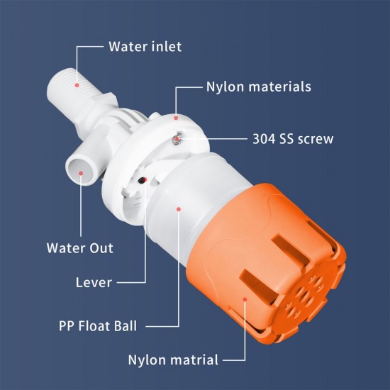 Home Store Eco Automatic Water Level Control Float Valve Top/Side Inlet Nylon + PP (Polypropylene) 1/2'', 3/4'', 1'' - Orange