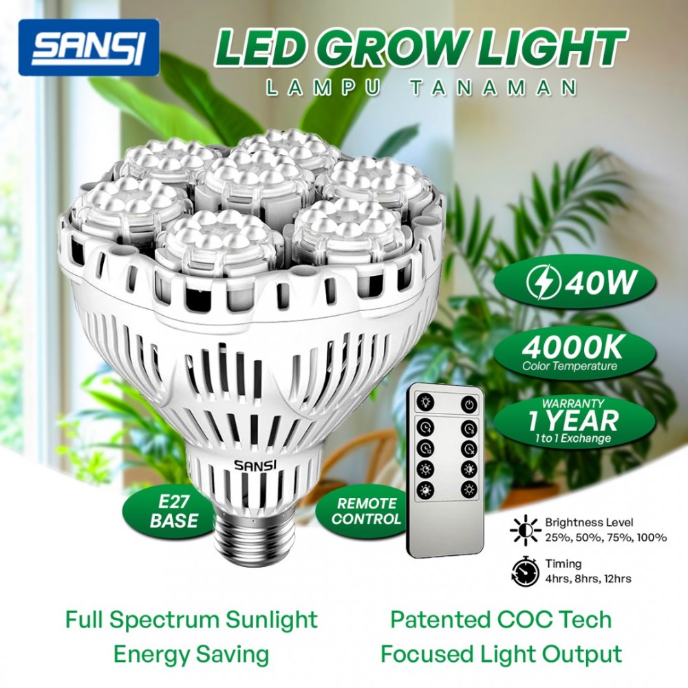 SANSI 40W LED Grow Light Bulb Daylight Full Spectrum Dimmable E27 Base ...