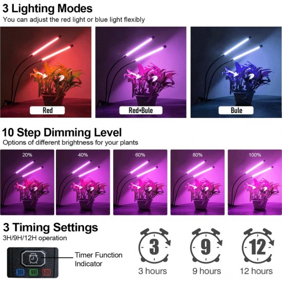 Home Store 'ILED' #AK0511 20W Adjustable 2-Tube Clip-On Light Holder Flexible Clip Clamp Indoor Plant LED Grow Light Red & Blue Spectrum