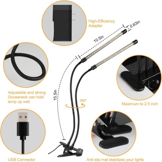 Home Store 'ILED' #AK0513 20W Adjustable 2-Tube Clip-On Light Holder Flexible Clip Clamp Indoor Plant LED Grow Light Full Spectrum