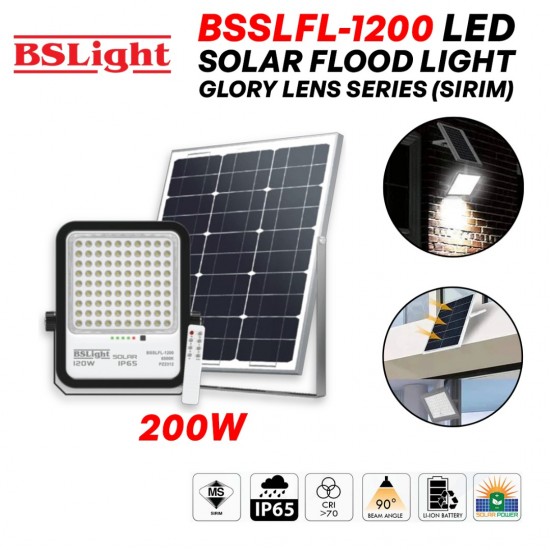 BSLight BSSLFL-1200 LED Solar Flood Light Glory Lens Series with IP65 Waterproof Monocrystalline Silicon Solar Panel - 200W (SIRIM)