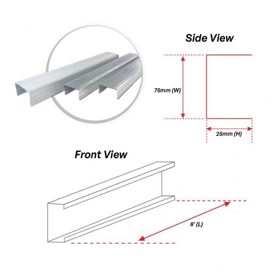 Astino Galvanized G.I Small U-Purlin Metal Stud For Partition Works 75MM 3'' (W) x 25MM (H) x 0.35MM (T) x 2438.4MM 8' (L) Astino Galvanized G.I Small U-Purlin Metal Stud For Partition Works 75MM 3'' (W) x 25MM (H) x 0.35MM (T) x 2438.4MM 8' (L)