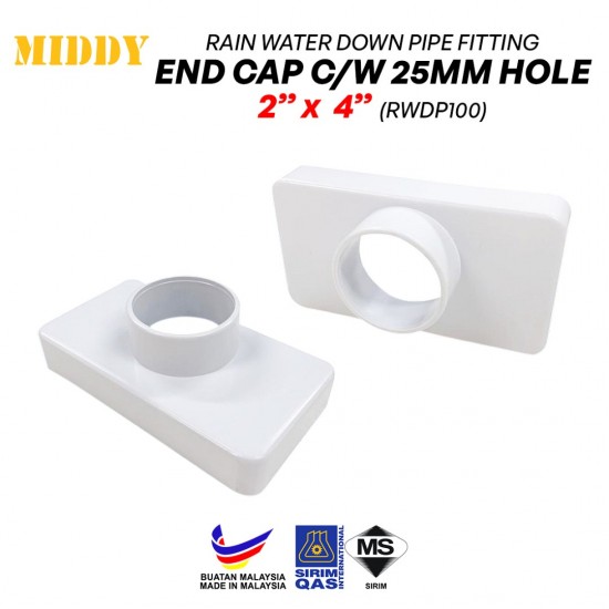 Middy RWDP100 UPVC Rain Water Down Pipe Fittings - End Cap 2'' x 4'' C/W 25MM Hole Middy RWDP100 UPVC Rain Water Down Pipe Fittings - End Cap 2'' x 4'' C/W 25MM Hole