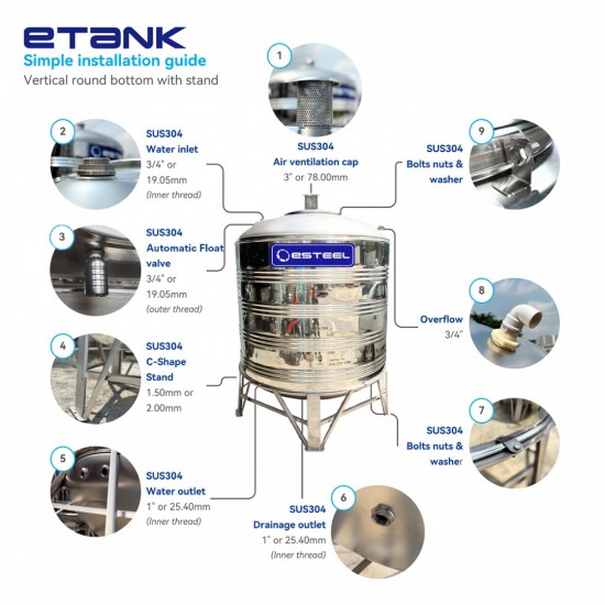 Esteel E850S Vertical Round Bottom With Stand SUS304 Stainless Steel Water Tank 850L/200Gallons