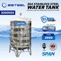 Esteel E2000SS Vertical Slim Tall Round Bottom With Stand SUS304 Stainless Steel Water Tank 2000L/440Gallons