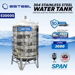 Esteel E3000S Vertical Slim Tall Round Bottom With Stand SUS304 Stainless Steel Water Tank 3000L/660Gallons