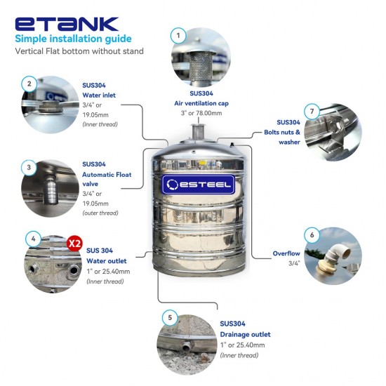 Esteel E1000FF Vertical Slim Tall Flat Bottom Without Stand SUS304 Stainless Steel Water Tank 1000L/220Gallons