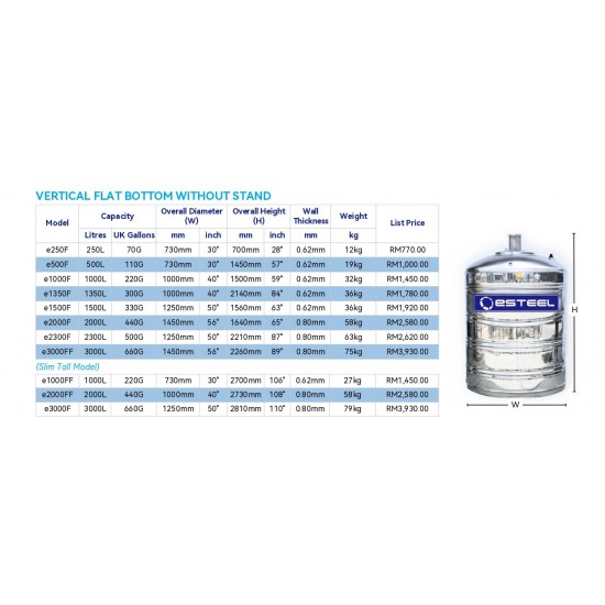 Esteel E1000FF Vertical Slim Tall Flat Bottom Without Stand SUS304 Stainless Steel Water Tank 1000L/220Gallons