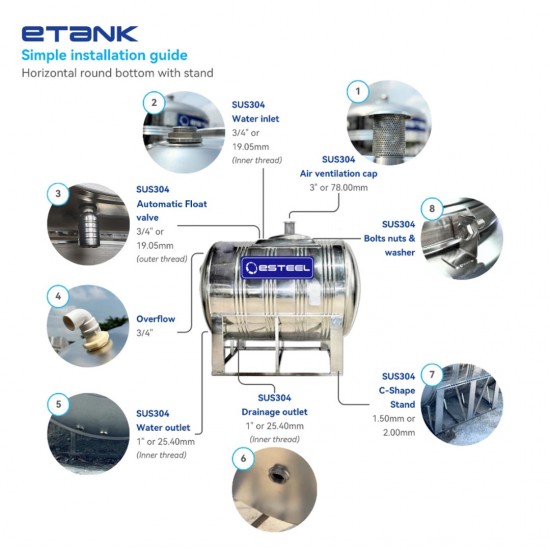 Esteel E2000H Horizontal Round Bottom With Stand SUS304 Stainless Steel Water Tank 2000L/440Gallons Esteel E2000H Horizontal Round Bottom With Stand SUS304 Stainless Steel Water Tank 2000L/440Gallons