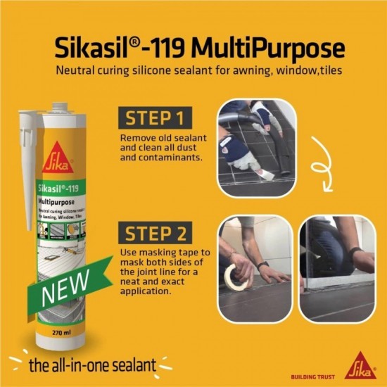 Sika Sikasil 119 Multipurpose Neutral Curing Silicone Sealant For Interior & Exterior 270ML - Clear/Black/Grey/White Sika Sikasil 119 Multipurpose Neutral Curing Silicone Sealant For Interior & Exterior 270ML - Clear/Black/Grey/White