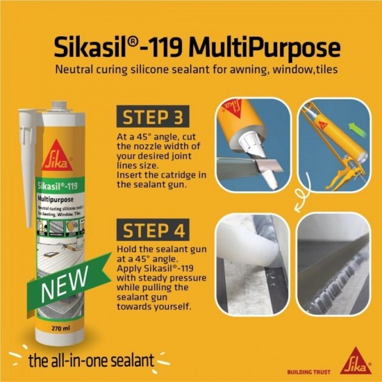 Sika Sikasil 119 Multipurpose Neutral Curing Silicone Sealant For Interior & Exterior 270ML - Clear/Black/Grey/White Sika Sikasil 119 Multipurpose Neutral Curing Silicone Sealant For Interior & Exterior 270ML - Clear/Black/Grey/White