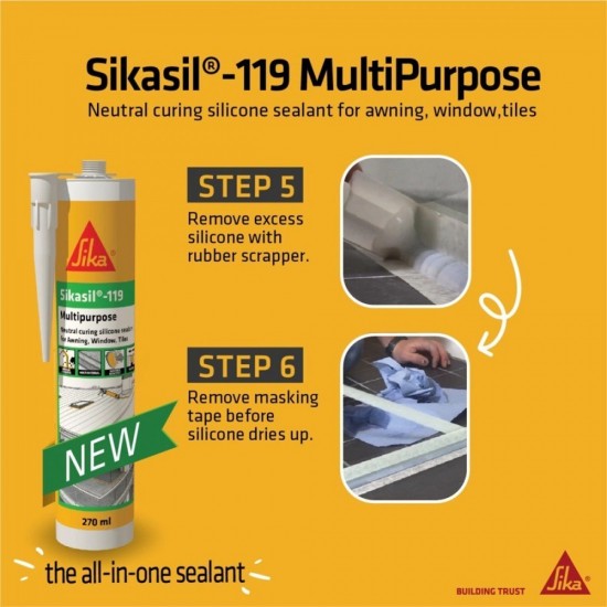 Sika Sikasil 119 Multipurpose Neutral Curing Silicone Sealant For Interior & Exterior 270ML - Clear/Black/Grey/White Sika Sikasil 119 Multipurpose Neutral Curing Silicone Sealant For Interior & Exterior 270ML - Clear/Black/Grey/White