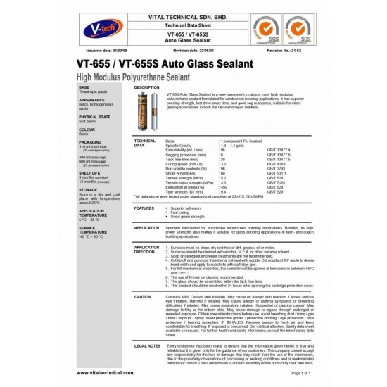 V-Tech VT-655 Auto Glass Silicone Sealant 310ML - Black V-Tech VT-655 Auto Glass Silicone Sealant 310ML - Black