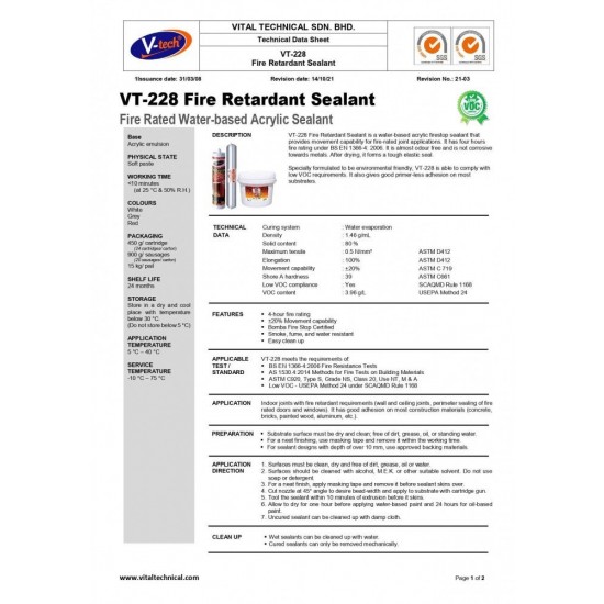 V-Tech VT-228 Fire Retardant Silicone Sealant 450G – Grey/White/Red V-Tech VT-228 Fire Retardant Silicone Sealant 450G – Grey/White/Red