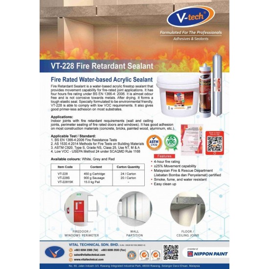 V-Tech VT-228 Fire Retardant Silicone Sealant 450G – Grey/White/Red V-Tech VT-228 Fire Retardant Silicone Sealant 450G – Grey/White/Red