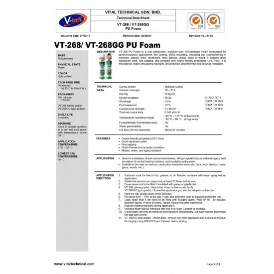 V-Tech VT-268 Polyurethane PU Foam 750ML - Light Yellow V-Tech VT-268 Polyurethane PU Foam 750ML - Light Yellow