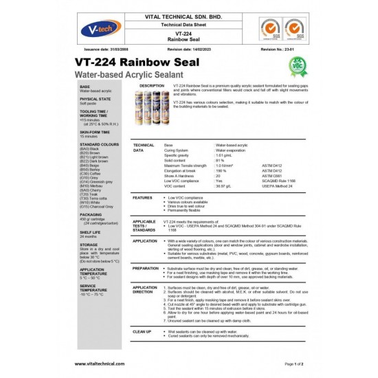 V-Tech VT-224 Rainbow Seal Premium Acrylic Silicone Sealant 450G V-Tech VT-224 Rainbow Seal Premium Acrylic Silicone Sealant 450G