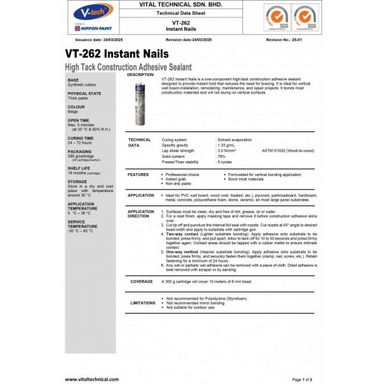 V-Tech VT-262 Instant Nails High Construction Adhesive Silicone Sealant 390G - Beige V-Tech VT-262 Instant Nails High Construction Adhesive Silicone Sealant 390G - Beige