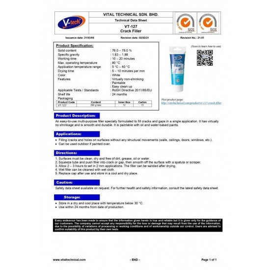 V-Tech VT-127 Crack Filler Multi-purpose Filler 290G - White V-Tech VT-127 Crack Filler Multi-purpose Filler 290G - White