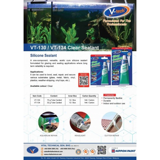 V-Tech VT-130 Clear RTV Silicone Gasket Sealant Adhesive 75G - Clear V-Tech VT-130 Clear RTV Silicone Gasket Sealant Adhesive 75G - Clear
