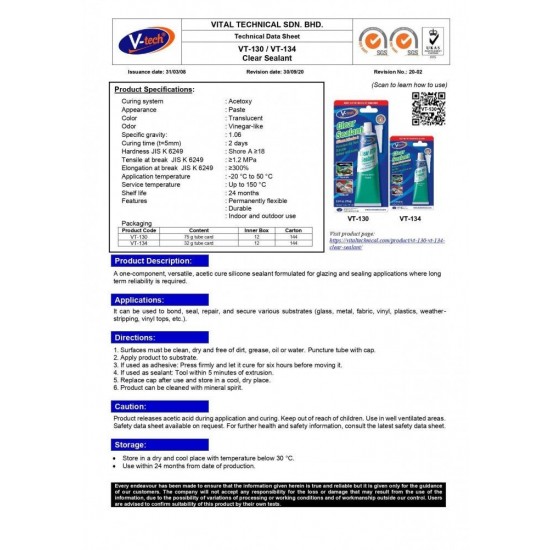 V-Tech VT-130 Clear RTV Silicone Gasket Sealant Adhesive 75G - Clear V-Tech VT-130 Clear RTV Silicone Gasket Sealant Adhesive 75G - Clear