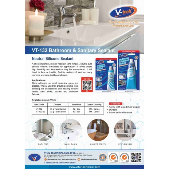 V-Tech VT-132 Bathroom & Sanitary Sealant 75G – White V-Tech VT-132 Bathroom & Sanitary Sealant 75G – White