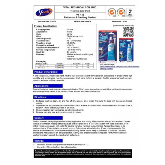 V-Tech VT-132 Bathroom & Sanitary Sealant 75G – White V-Tech VT-132 Bathroom & Sanitary Sealant 75G – White