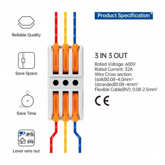 CN KV212 / KV313 Lever-Nut Wire Connector 2-Way/ 3-Way 32A 600V - 5PCS/PKT CN KV212 / KV313 Lever-Nut Wire Connector 2-Way/ 3-Way 32A 600V - 5PCS/PKT