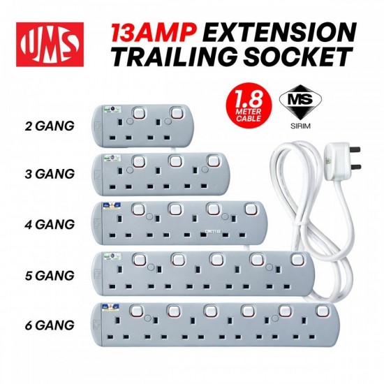 UMS Trailing Wire Extension Socket With 1.8Meter Flexible Cable Cord 13A Plug 240V Neon Indicator