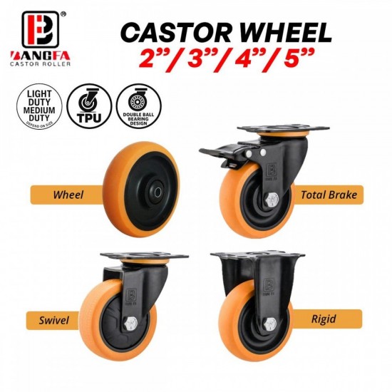 Bangfa Medium Duty TPU Double Ball Bearing Castor Wheel 2'', 3'', 4'', 5'' Bangfa Medium Duty TPU Double Ball Bearing Castor Wheel 2'', 3'', 4'', 5''