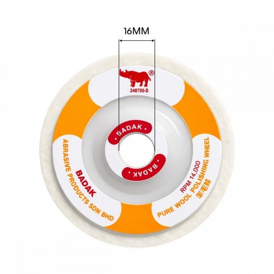 Badak #BFPW-ORG Pure Wool Polishing Wheel 4" 100MM (D) x 16MM (BD) x 12MM (T) - Orange Badak #BFPW-ORG Pure Wool Polishing Wheel 4" 100MM (D) x 16MM (BD) x 12MM (T) - Orange