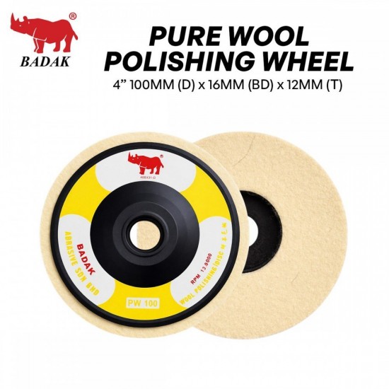 Badak #BFPW-PW100 Pure Wool Polishing Wheel 4" 100MM (D) x 16MM (BD) x 12MM (T) - Yellow Badak #BFPW-PW100 Pure Wool Polishing Wheel 4" 100MM (D) x 16MM (BD) x 12MM (T) - Yellow