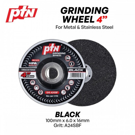 PTN Grinding Wheel/Disc Metal & Stainless Steel 4" 100MM (D) x 16MM (BD) x 6.0MM (T) - Black, Red, Green PTN Grinding Wheel/Disc Metal & Stainless Steel 4" 100MM (D) x 16MM (BD) x 6.0MM (T) - Black, Red, Green