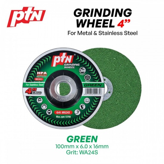 PTN Grinding Wheel/Disc Metal & Stainless Steel 4" 100MM (D) x 16MM (BD) x 6.0MM (T) - Black, Red, Green PTN Grinding Wheel/Disc Metal & Stainless Steel 4" 100MM (D) x 16MM (BD) x 6.0MM (T) - Black, Red, Green