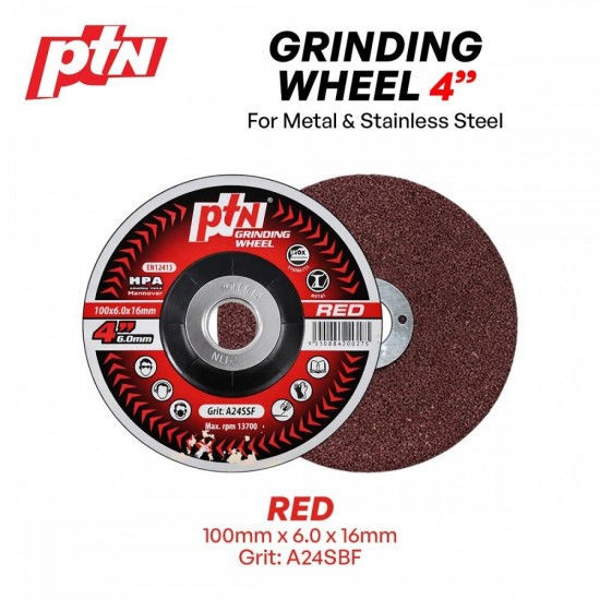 PTN Grinding Wheel/Disc Metal & Stainless Steel 4" 100MM (D) x 16MM (BD) x 6.0MM (T) - Black, Red, Green PTN Grinding Wheel/Disc Metal & Stainless Steel 4" 100MM (D) x 16MM (BD) x 6.0MM (T) - Black, Red, Green