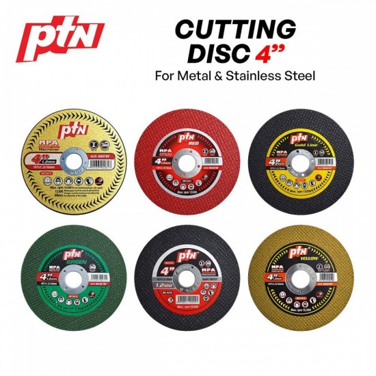 PTN Cutting Wheel/Disc For Metal & Stainless Steel 4" 107MM (D) x 16MM (BD) x 1.2MM (T) - Black, Red, Green, Gold Line, Gold, Yellow PTN Cutting Wheel/Disc For Metal & Stainless Steel 4" 107MM (D) x 16MM (BD) x 1.2MM (T) - Black, Red, Green, Gold Line, Gold, Yellow