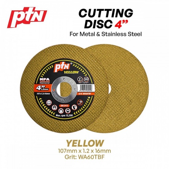 PTN Cutting Wheel/Disc For Metal & Stainless Steel 4" 107MM (D) x 16MM (BD) x 1.2MM (T) - Black, Red, Green, Gold Line, Gold, Yellow PTN Cutting Wheel/Disc For Metal & Stainless Steel 4" 107MM (D) x 16MM (BD) x 1.2MM (T) - Black, Red, Green, Gold Line, Gold, Yellow