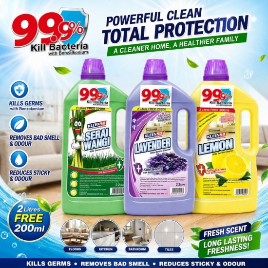 Kleenso Floor Cleaner Kill Germs Cleaner With Benzakonium 2.2L - Serai Wangi, Lavender, Lemon Kleenso Floor Cleaner Kill Germs Cleaner With Benzakonium 2.2L - Serai Wangi, Lavender, Lemon