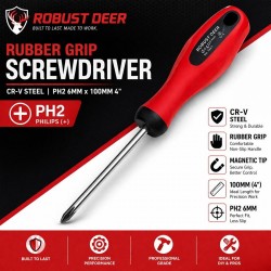 CN 'Robust Deer' Rubber Grip CR-V Screwdriver PH2 6MM x 100MM 4" Philips (+)
