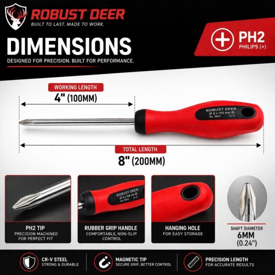 CN 'Robust Deer' Rubber Grip CR-V Screwdriver PH2 6MM x 100MM 4" Philips (+) CN 'Robust Deer' Rubber Grip CR-V Screwdriver PH2 6MM x 100MM 4" Philips (+)
