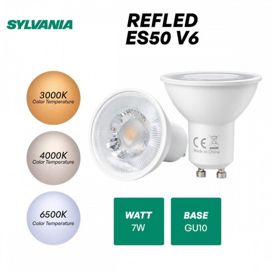 Sylvania RefLED ES50 V6 LED Bulb GU10 Base 7W - 3000K, 4000K, 6500K Sylvania RefLED ES50 V6 LED Bulb GU10 Base 7W - 3000K, 4000K, 6500K