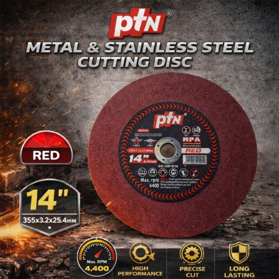 [1PC] PTN Metal & Stainless Steel Cutting Disc 14" 355MM (D) x 3.2MM (T) x 25.4MM (BD) - Black / Green / Red / Gold