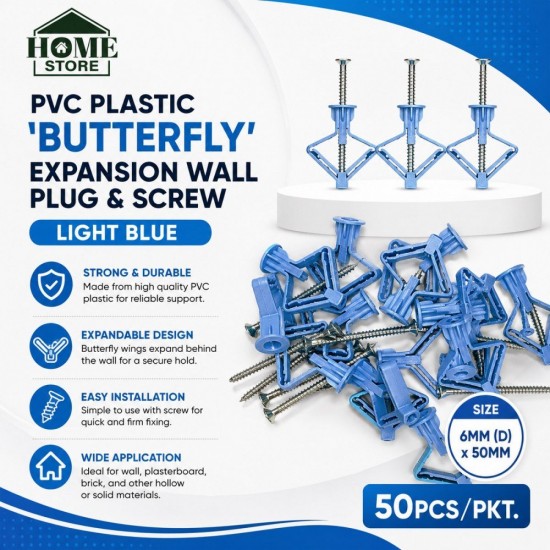 Home Store PVC Plastic Butterfly Expansion Wall Plug & Screw Light Blue 6MM (D) x 50MM (L) - 50PCS/PKT Home Store PVC Plastic Butterfly Expansion Wall Plug & Screw Light Blue 6MM (D) x 50MM (L) - 50PCS/PKT