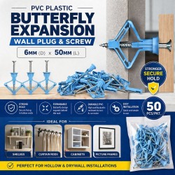 Home Store PVC Plastic Butterfly Expansion Wall Plug & Screw Light Blue 6MM (D) x 50MM (L) - 50PCS/PKT Home Store PVC Plastic Butterfly Expansion Wall Plug & Screw Light Blue 6MM (D) x 50MM (L) - 50PCS/PKT