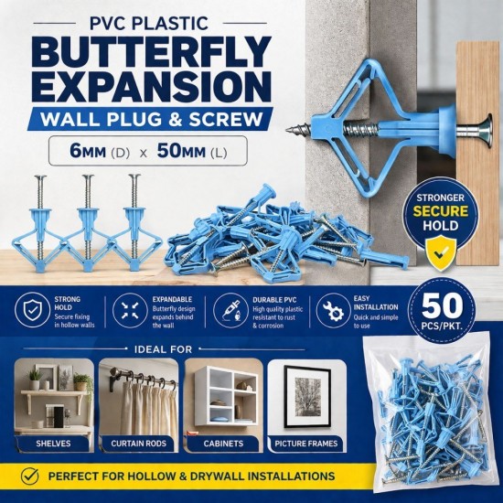 Home Store PVC Plastic Butterfly Expansion Wall Plug & Screw Light Blue 6MM (D) x 50MM (L) - 50PCS/PKT Home Store PVC Plastic Butterfly Expansion Wall Plug & Screw Light Blue 6MM (D) x 50MM (L) - 50PCS/PKT