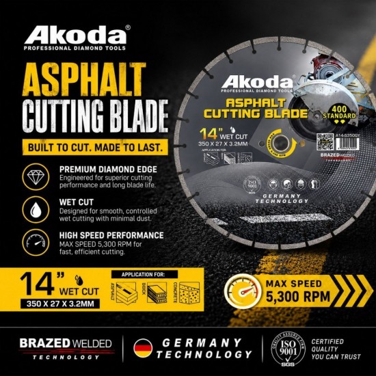 Akoda A14-S350GY Diamond Saw Blade Asphalt Cutting Blade 14" 350MM (D) x 27MM (BD) x 3.2MM (T) Akoda A14-S350GY Diamond Saw Blade Asphalt Cutting Blade 14" 350MM (D) x 27MM (BD) x 3.2MM (T)