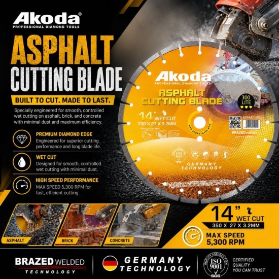 Akoda AS14-E350G Diamond Saw Blade Asphalt Cutting Blade 14" 350MM (D) x 27MM (BD) x 3.2MM (T) - Gold Lite Akoda AS14-E350G Diamond Saw Blade Asphalt Cutting Blade 14" 350MM (D) x 27MM (BD) x 3.2MM (T) - Gold Lite